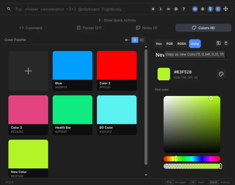 Command Pocket Colors tab with palette and picker