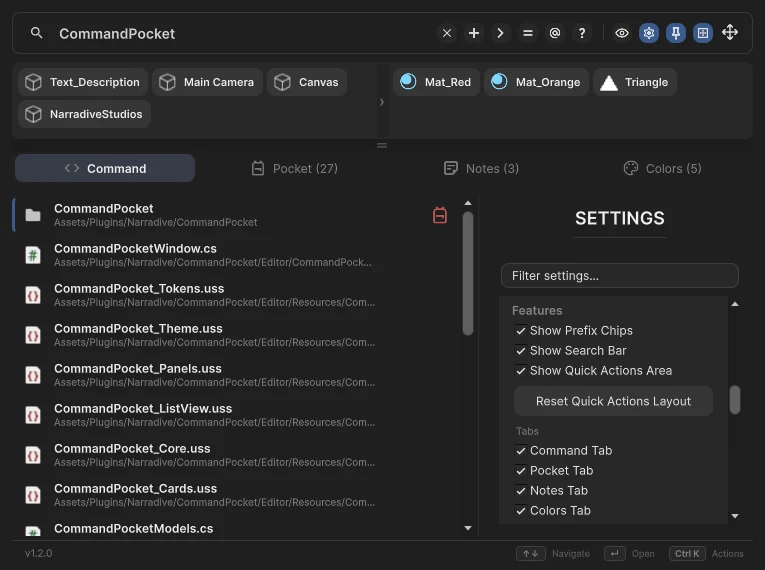Command Pocket in the dark editor theme
