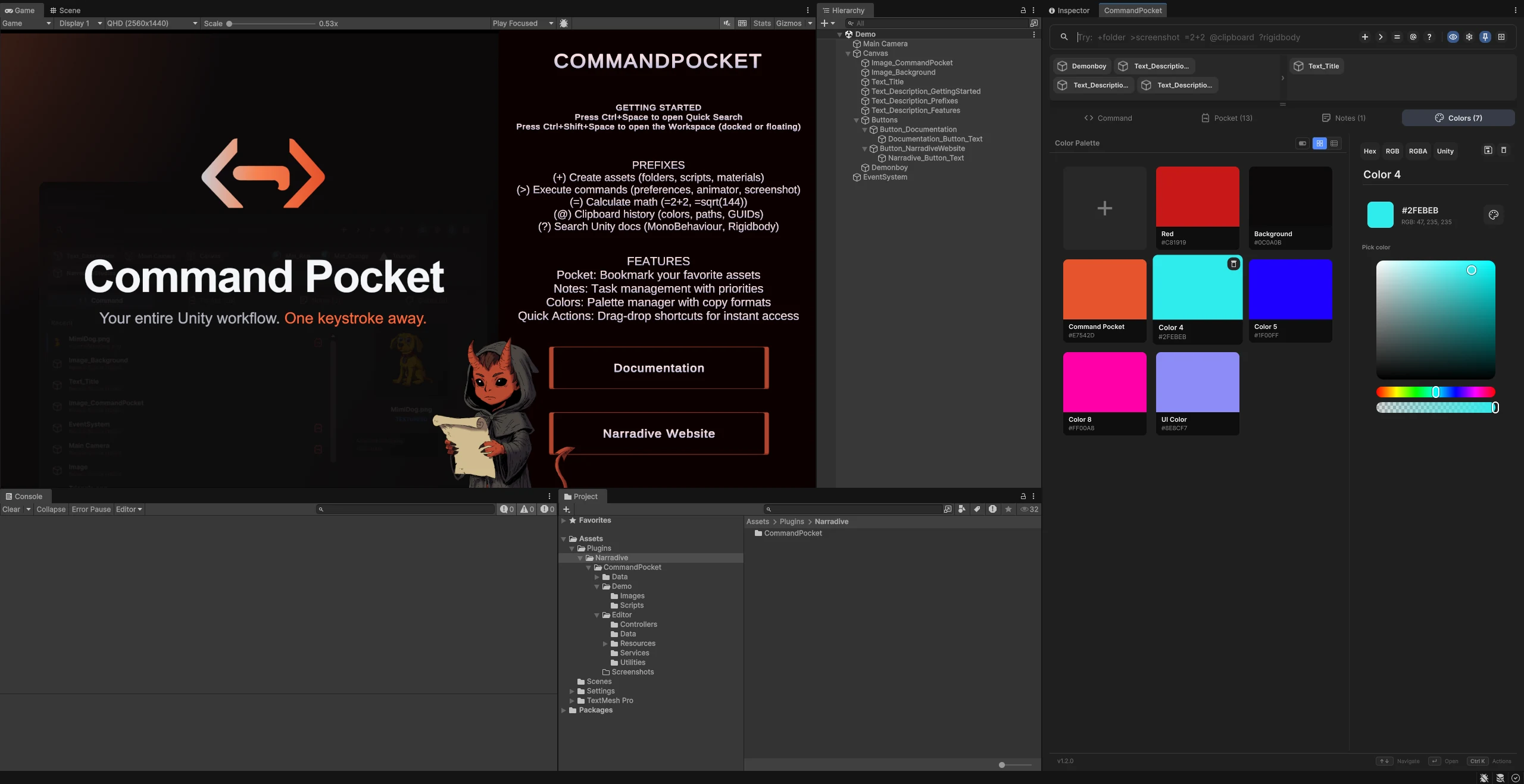 Command Pocket docked into the Unity editor layout