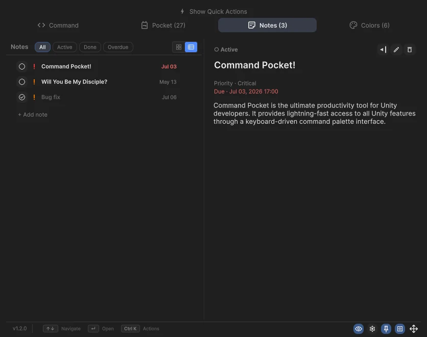 Command Pocket Notes tab with task list and priorities