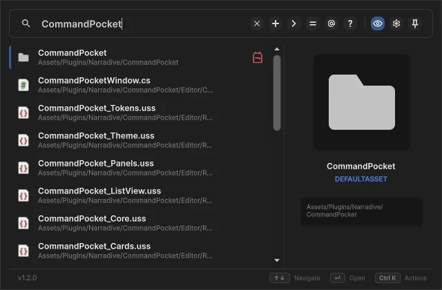 Command Pocket command palette open in the Unity editor