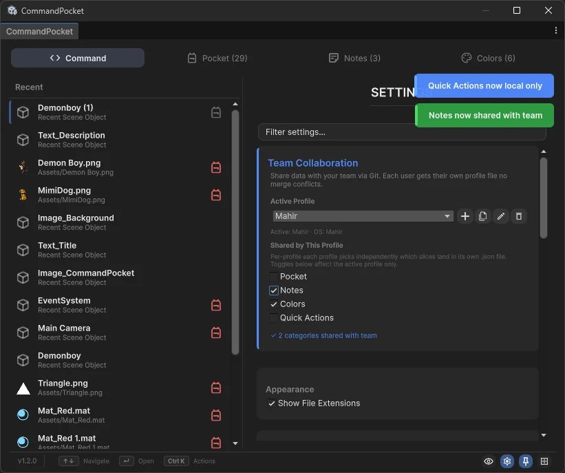 Command Pocket team collaboration and Git profiles