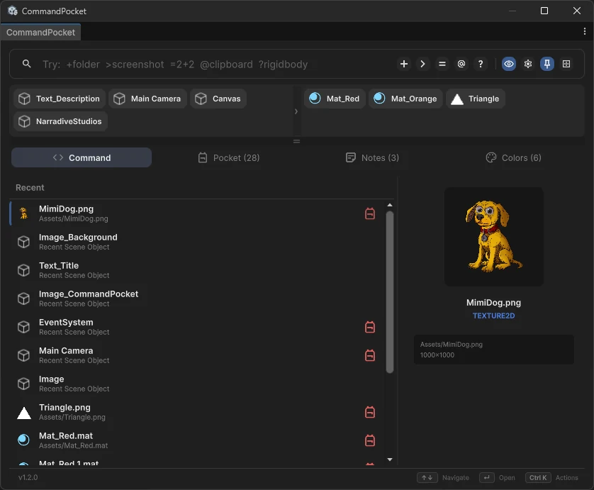 Command Pocket workspace with tabs and preview panel